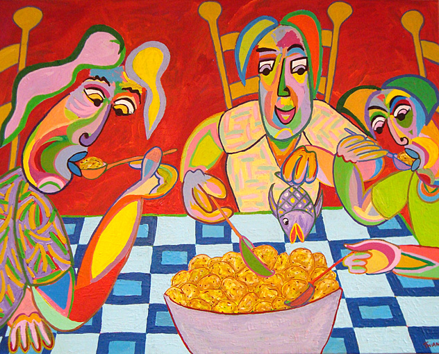 Schilderij Fish and chips van Twan de Vos, schilderij naar aanleiding van de Aardappeleters van Vincent van Gogh, familie aan de maaltijd 1 vis en heel veel aardappelen uit 1 pan