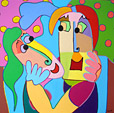 schilderij acryl op linnen, 100 x 100 cm man en vrouw die in het paradijs onder de appelbomen vol liefde elkaar kussen