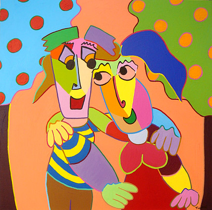 schilderij acryl appelliefde, man en vrouw die elkaar liefdevol aankijken en zich in het paradijs voelen