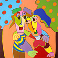 Twan de Vos schilderij acryl appelliefde, man en vrouw die elkaar liefdevol aankijken en zich in het paradijs voelen