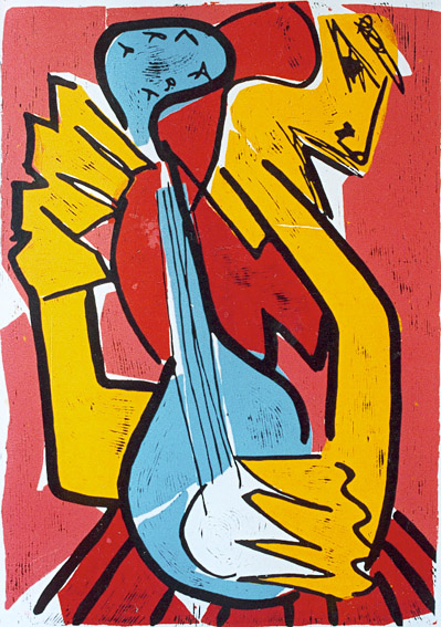 linocut athena greek music Linocut Athens touch of strings 2 by Twan de Vos, the god Athens is playing the guitar, a heavenly song
