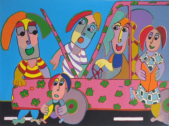 Screenprint Car breakdown the family adapts is not bored as it was in the sixties, flower power