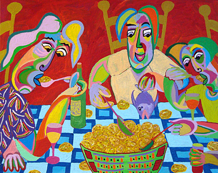 painting Fish and chips by Twan de Vos, family eating dinner
