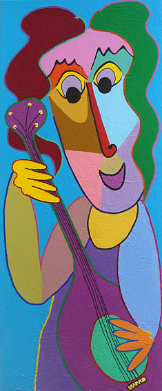 Painting acryl on canvas Playfun by Twan de Vos, woman is playing music on the cello
