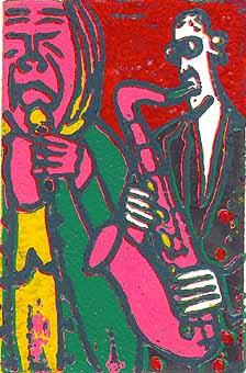 Linocut Concert of two, woman singing and man playing the saxophone are making wonderful music, art