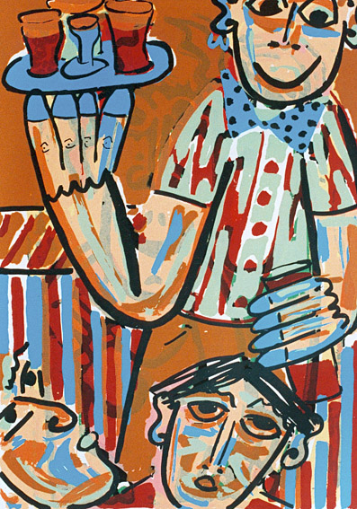 Zeefdruk Dorst van Twan de Vos, twee personen in een kroeg die met smart naar het drankje kijken wat de ober komt brengen
