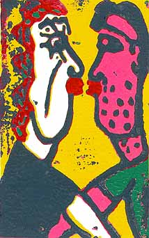 Linocut First kiss by Twan de Vos, printed by the method Picasso