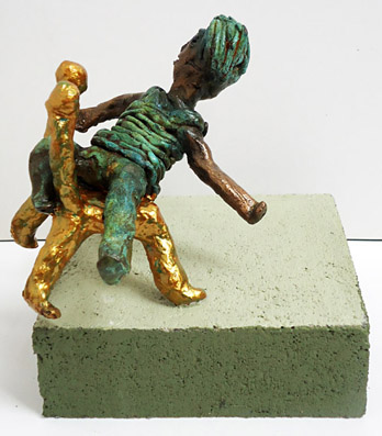 Bronze, bronze sculpture of eem man looking to the border of sitting and falling, looking for the balance