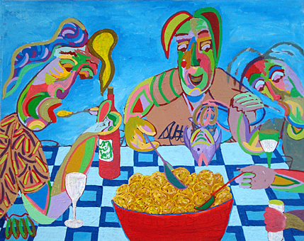 Schilderij Fish and chips van Twan de Vos, schilderij naar aanleiding van de Aardappeleters van Vincent van Gogh, familie aan de maaltijd 1 vis en heel veel aardappelen uit 1 pan