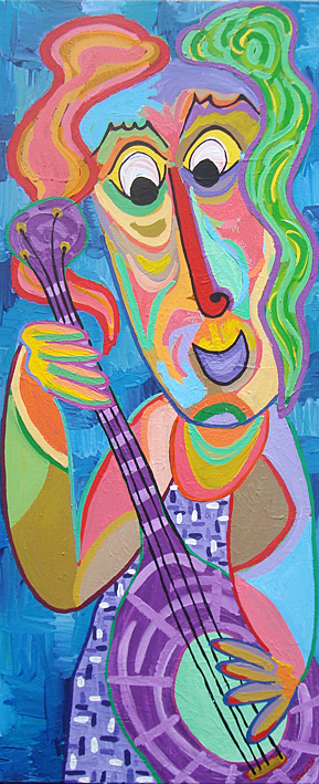 Gemälde Spielfreude der Twan de Vos, Frau spielt mit viel Spaß auf einem Saiteninstrument, Gitarre, Bass