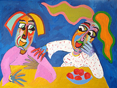 Schilderij Aan de keukentafel van Twan de Vos, schilderij van een gesprek tussen man en vrouw om de lopende zaken door te nemen