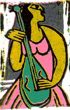 Linocut Classic women player by Twan de Vos, printed by the method Picasso