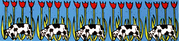 Silkscreen print Dutch pride, cows and tulips in a dutch landscape