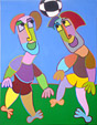 Twan de Vos acryl schilderij op linnen waarop twee voetballers blootvoets een kopduel uitvechten sport voetbal
