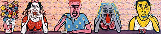 Linosnede Lunchpauze van Twan de Vos, werknemers genieten in de middagpauze  van de lunch, linosnede gemaakt volgens de methode Picasso 4 lunchende mensen linosnede