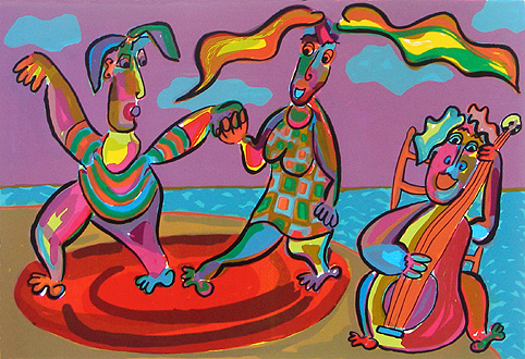 zeefdruk kunst relatiegeschenk kunstkado dans tango nacht maan maanlicht muziek zon zee strand speler van de contrabas brengt op het strand twee verliefde personen onder het maanlicht dansend in vervoering