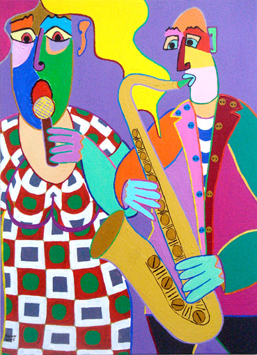 schilderij kunst relatiegeschenk muziek jazz orkest band melancholie fado blues Schilderij Blues, zij zingt, hij speelt saxofoon