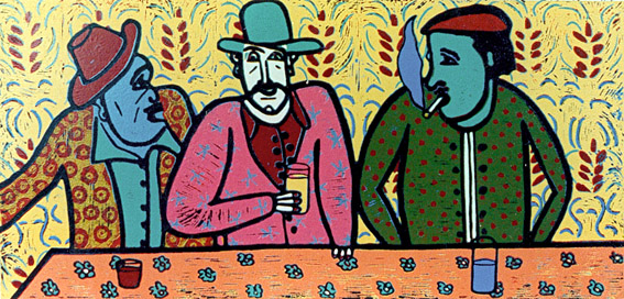 Linocut Musketeer 4, 5 and 6 Made by the Method Picasso by Twan de Vos. 3 gentleman in the Pub in France