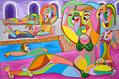 schilderij Na het zwemmen, een aantal dames en heren zijn in het zwembad heerlijk met elkaar in gesprek