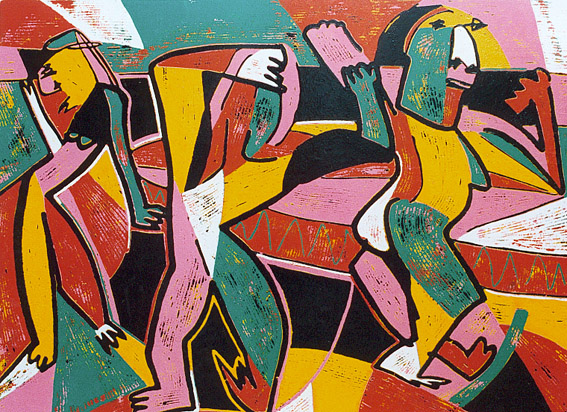 Linocut Morning gymnastics II by Twan de Vos, after waking up, three people excercise to start the day, sport
