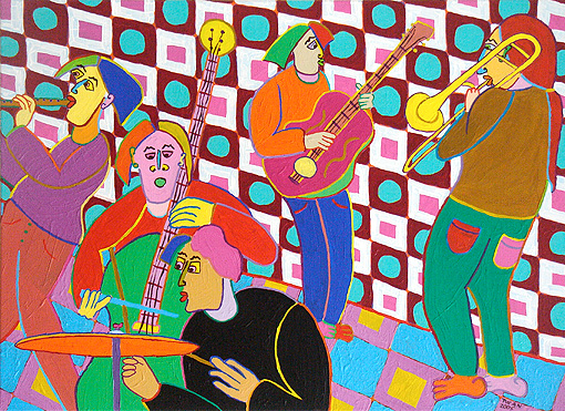 schilderij kunst relatiegeschenk muziek jazz orkest band Schilderij Jazz, quintet speelt in een prachtige zaal jazz