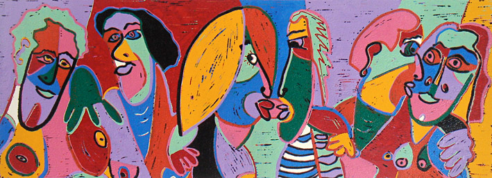 Linosnede Verliefd, verliefd, verliefd van Twan de Vos, 3 verliefde stellen, gedrukt volgens de methode Picasso