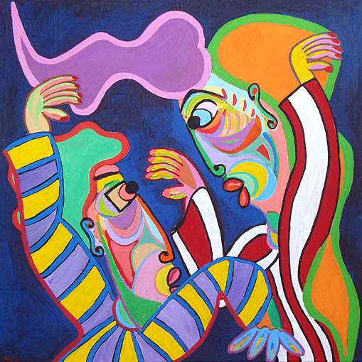Schilderij Tango d'amour van Twan de Vos, schilderij van een man en een vrouw die totaal door elkaar opgezogen de tango dansen