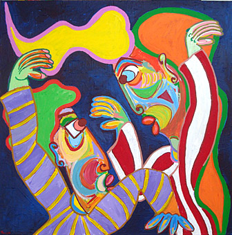 Schilderij Tango d'amour van Twan de Vos, schilderij van een man en een vrouw die totaal door elkaar opgezogen de tango dansen
