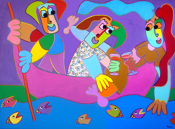 Gemälde Liebesfahrzeug Gondelführer navigiert zwei Verliebte Menschen durch Venedig  Sie prosten auf die Zukunft und amüsieren sich mit dem Fischen