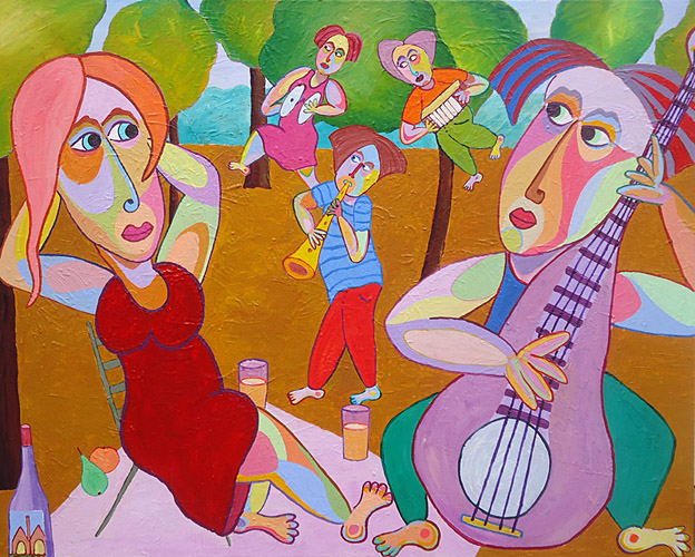 Schilderij "Muzikale lunch" van Twan de Vos, muzikale serenade aan zijn geliefde