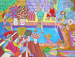 Schilderij Van de Hoge van Twan de Vos, meisje duikt van de hoge duikplank in het zwembad terwijl de rest van de familie toekijkt en morele steun en eenmoedigingen geeft