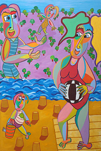 Gemälde Der Strand von Twan de Vos, Familie, Mutter, Vater, Tochter und Sohn spielen am Strand und haben Spaß