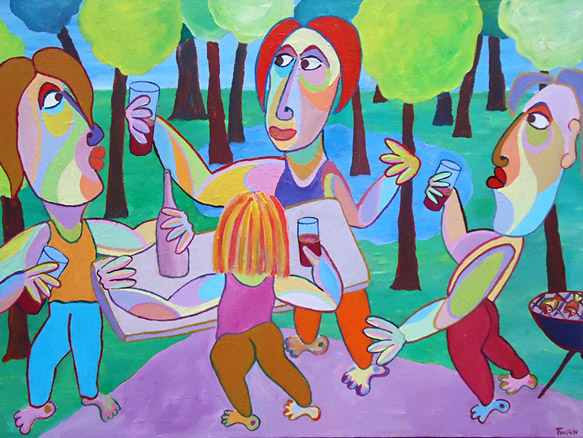Painting Male bonding by Twan de Vos, in the woods with a drink