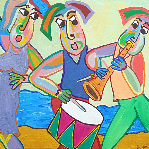 Schilderij Strandmuziek van Twan de Vos, zangeres, drummer en fluitist spelen als trio samen muziek