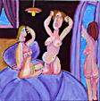 Gemälde Guten Morgen von Twan de Vos, 3 Damen, die aufwachen im Schlafzimmer, schaltet sich das Licht auf, Stretching und die Vorhänge offen, die Damen haben nackt geschlafen