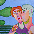 Schilderij Lentekriebels van Twan de Vos, verliefd paar op een bankje op een mooie lentedag