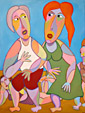 Painting Entertaining conversation by Twan de Vos, man and woman in animated conversation walking on the beach