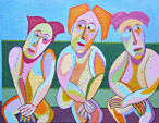 Schilderij Warme vrienden van Twan de Vos, 3 vrienden op een bankje