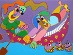 Twan de Vos schilderij drie vissen gedragen zich als sirenen en verleiden de man om in het water te duiken
