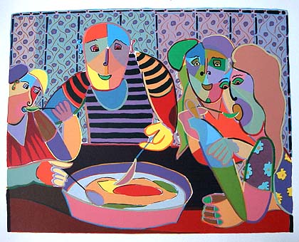 atiegeschenk kunst familie aan tafel die met zijn allen een pan soep eten, allemaal uit de pan, interpretatie van de aardappeleters van vincent van gogh