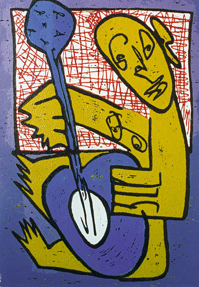 Linosnede Soloconcert 2 van Twan de Vos, gedrukt volgens de metode Picasso