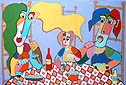 Gemälde kunst essen familie trinken gespräch spaghetti pasta
