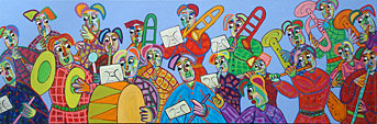 Schilderij Straatmuzikanten van Twan de Vos, fanfare, drumband, harmonie,, samen muziek maken, saxofoon, grote trom, drums, dwarsfluit, trombone en nog veel meer