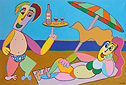 Twan de Vos schilderij strand zee zon liefde ober drank wijn bediening vakantie verleiding kunst