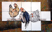 Fliesentableau mit Hühnern für oben den Herd in der Küche
