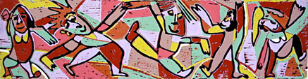 Linocut Saturday evening 2 by Twan de Vos, 5 dancing people who go on their ball on the dance floor of the disco at the weekend
