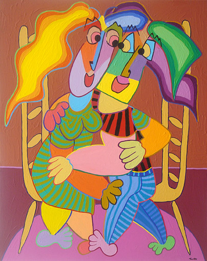 Painting acryl on canvas Musical chairs in love by Twan de Vos, couple very much in love try to get on each others chairs