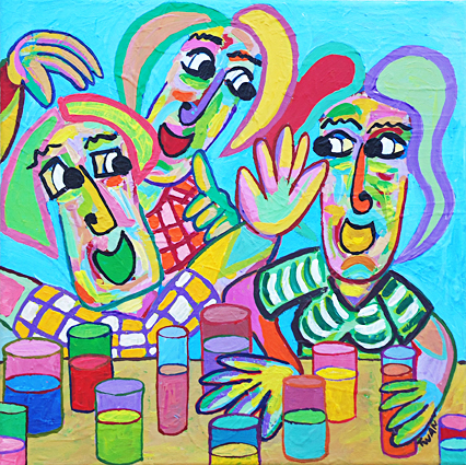 Schilderij Voorproefje van Twan de Vos, 3 vrienden geven een feestje, partijtje, ze hebben ee voorfeestje om te bepalen wat voor drank ze willen schenken