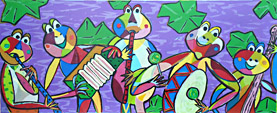 Silkscreen Fata Morgana by Twan de Vos, 5 frogs form a band and make music