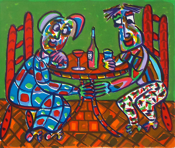 Screen print Summer evening by Twan de Vos, couple is having a drink on a terrace on a sultry summer evening.